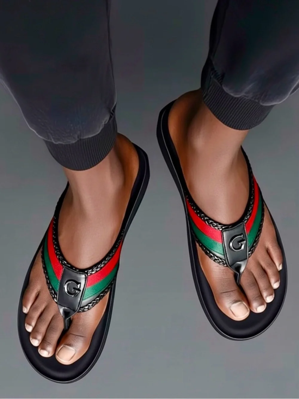 SHOES: Black Flip Flops, “G” Lettering w/Green & Red Straps, Unisex. NWOT